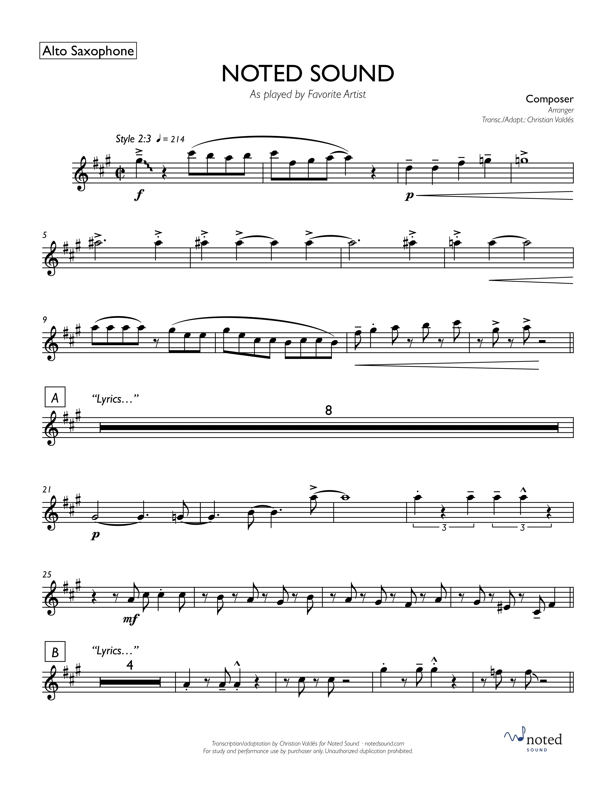 Alto Saxophone part from our sample score, showing clean hand engraving