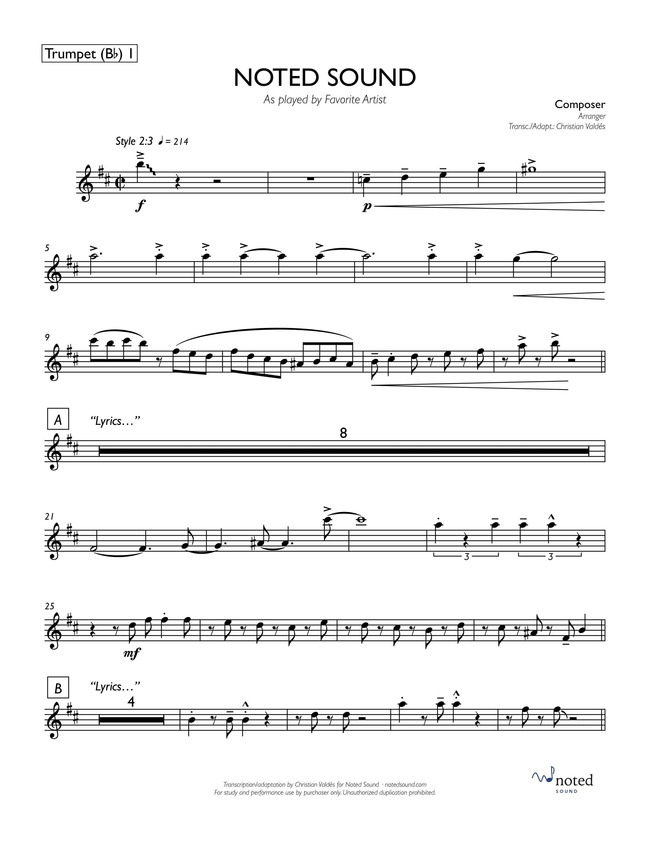 Trumpet in B♭ 1 part from our sample score, page 1
